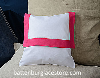 Envelope Pillow. 12 inches. White with RASPBERRY SORBET border